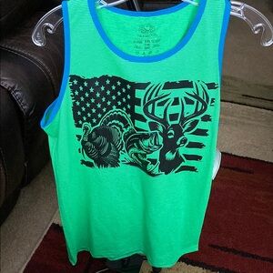 Fruit of the Loom Green and Blue Tank Top with Graphic Design